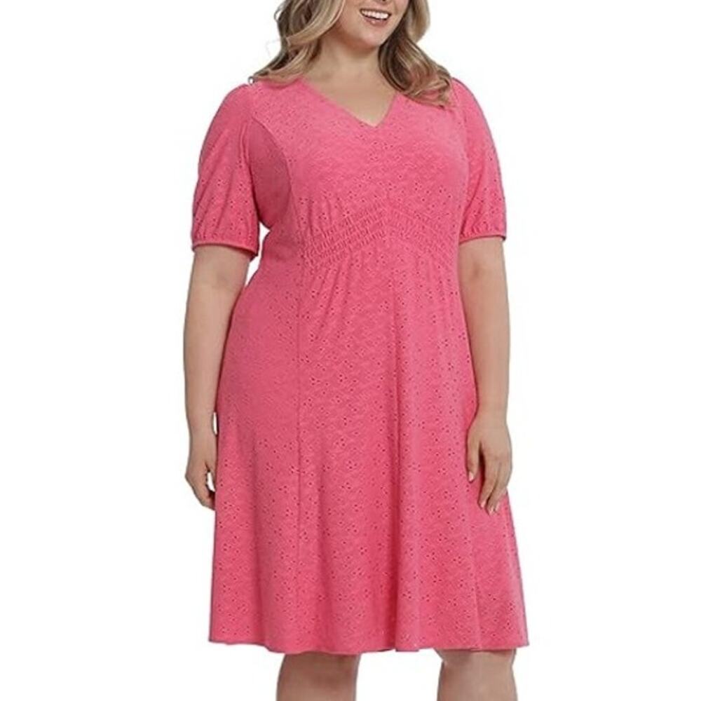 London Times Pink Eyelet V‑Neck Midi Dress